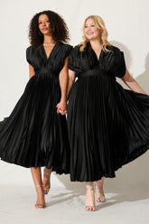 Black Satin Pleated Midi Dress - Anetta